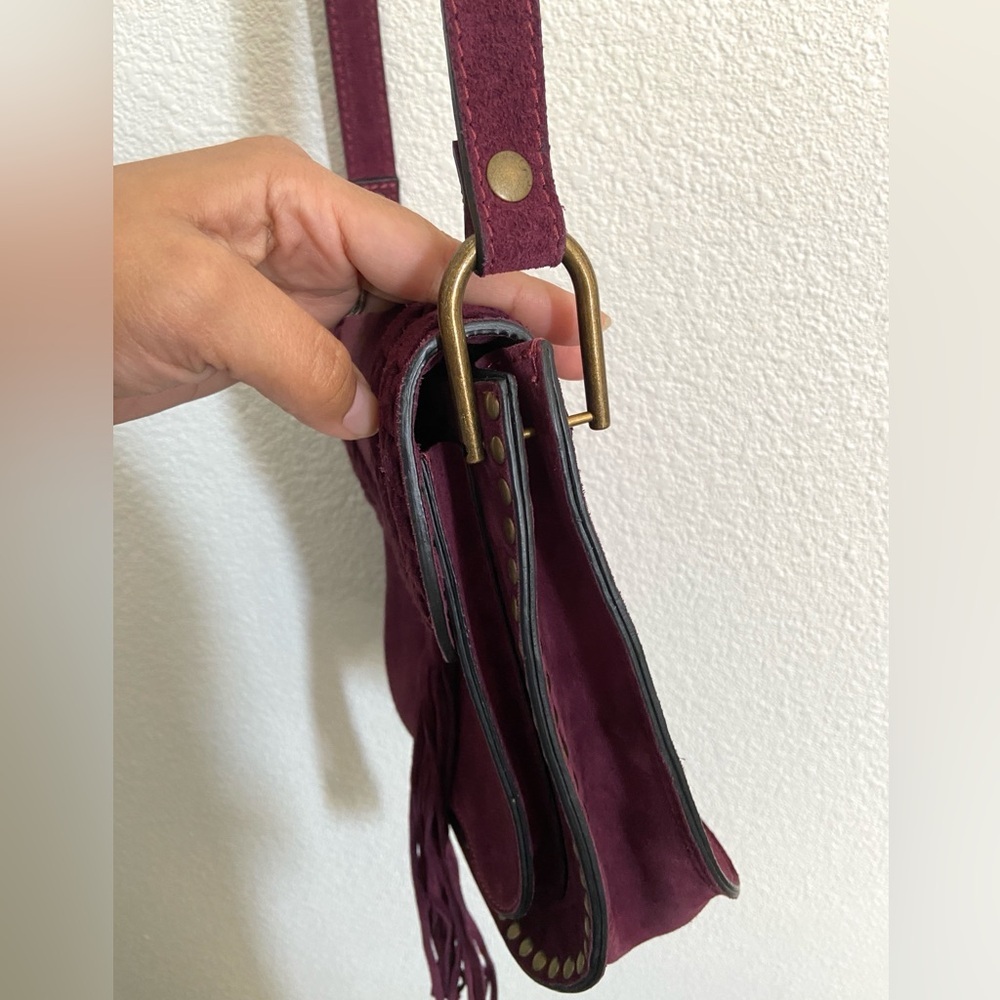 Sundance fringe wine burgundy suede studded western adjustable bag crossbody - Picture 7 of 16